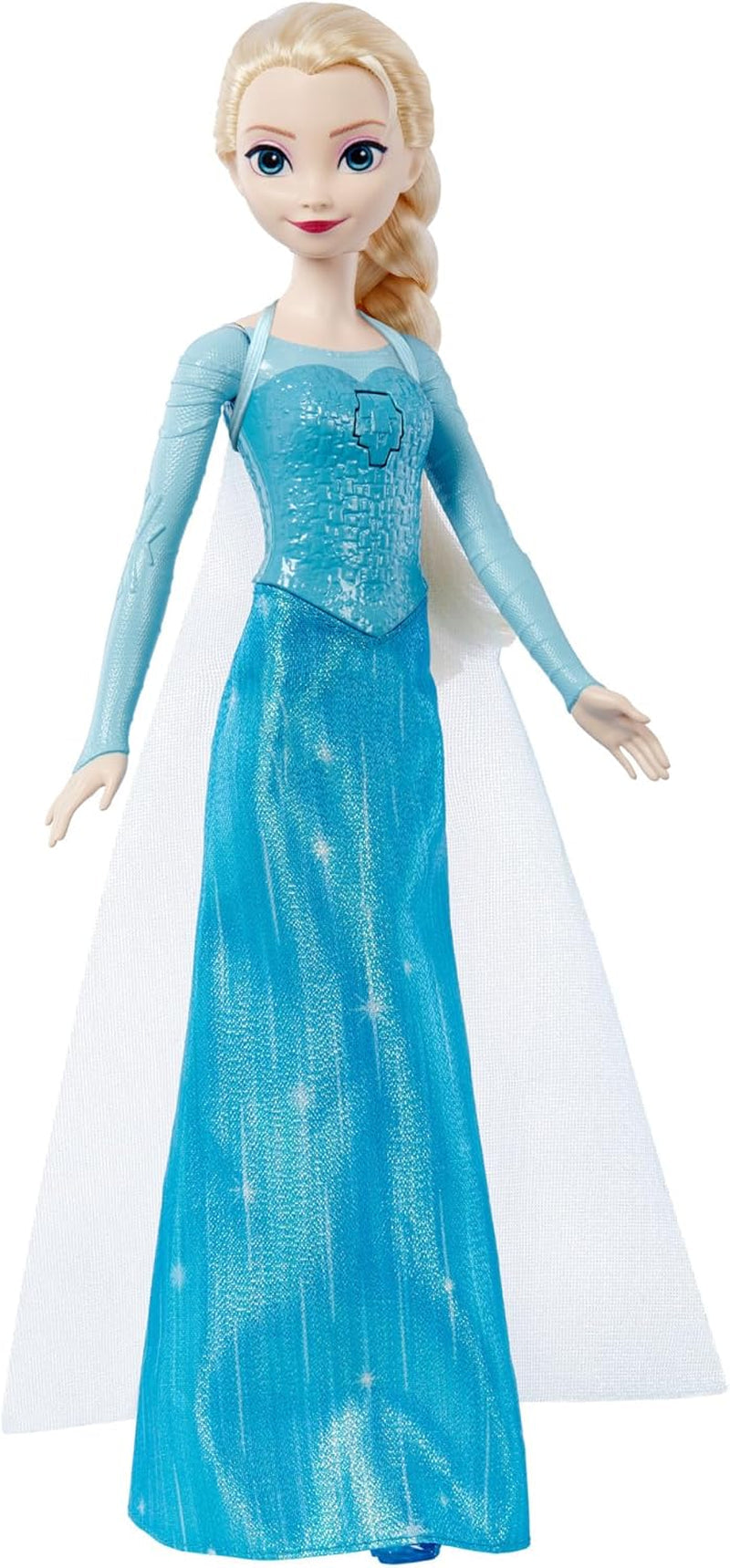 Mattel Toys Disney Frozen Elsa Singing Doll i ikonisk outfit, sjunger "Let It Go" från Disney-filmen på engelska, franska, tyska, italienska, JDL58