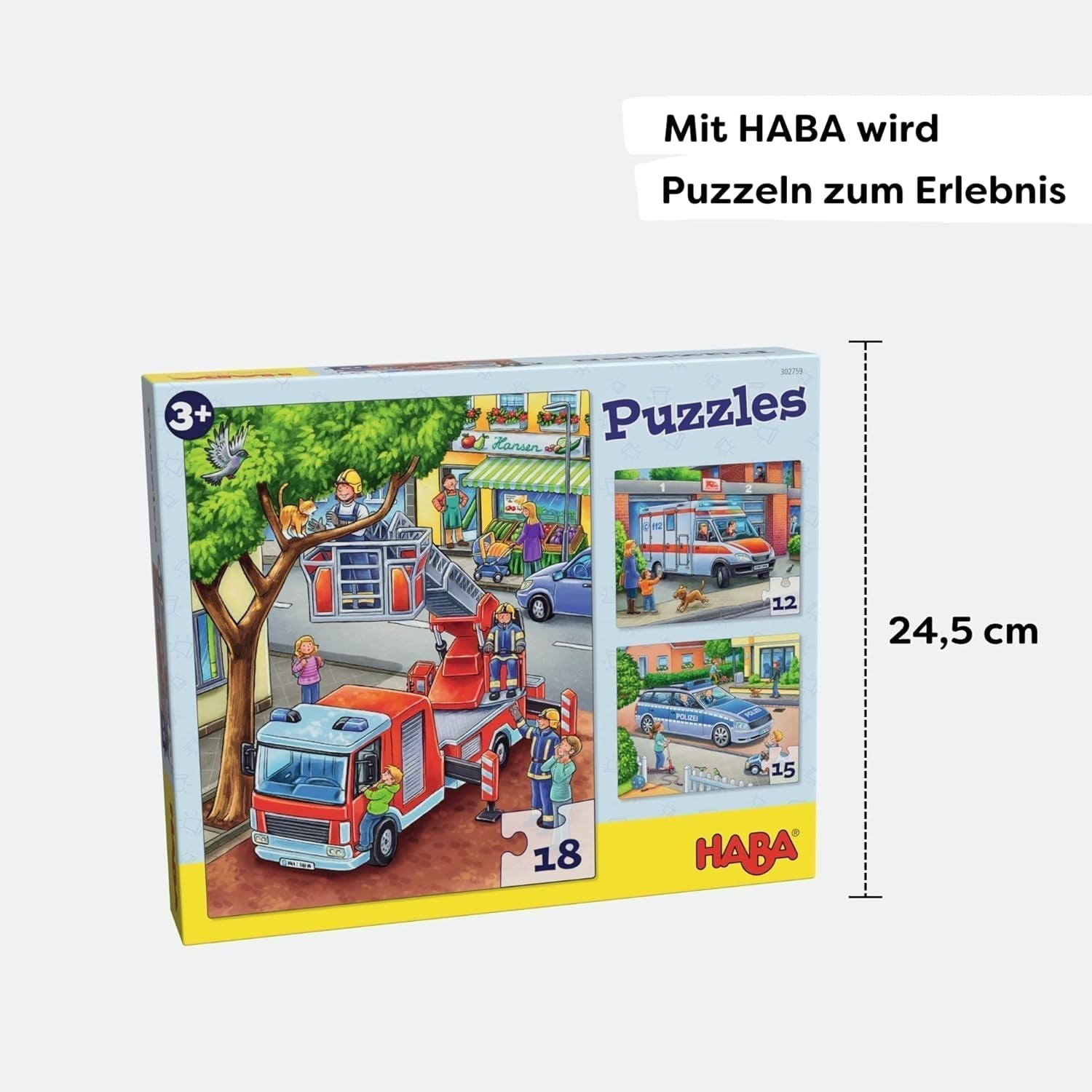 HABA brandkårspussel - 3-delat set för barn från 3 år och uppåt Polis- och ambulanspapppussel - Främjar finmotorik och koncentration - 1302759001 Puzzle Naty Shop