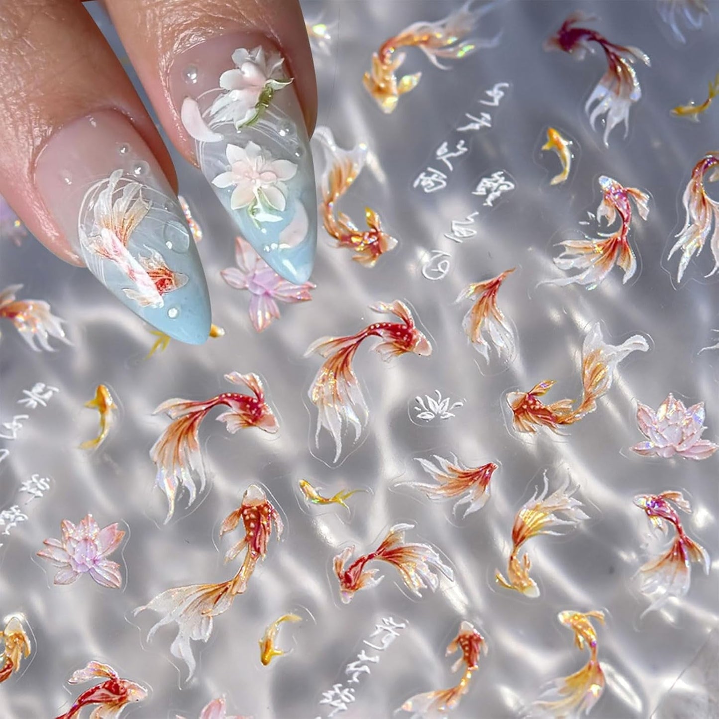 JMEOWIO 3D Nagelsticker Koi Fisch Nail Art Sticker Selbstklebend Nagelaufkleber 5D Stereoskopisk Dekoration Nageldesign Zubehör 1 Blatt