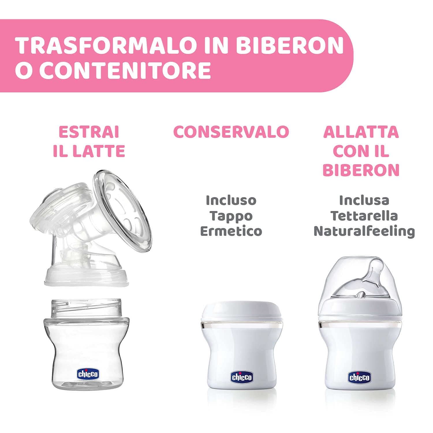 Chicco elektrisk bröstpump med stimulerings- och extraktionsfaser, 10 intensitetsnivåer, bekväm och snabb, ergonomisk form, med lutande spene och tätt lock, vit, 150 ml Tillbehör Mat och amning Bebe Naty Shop
