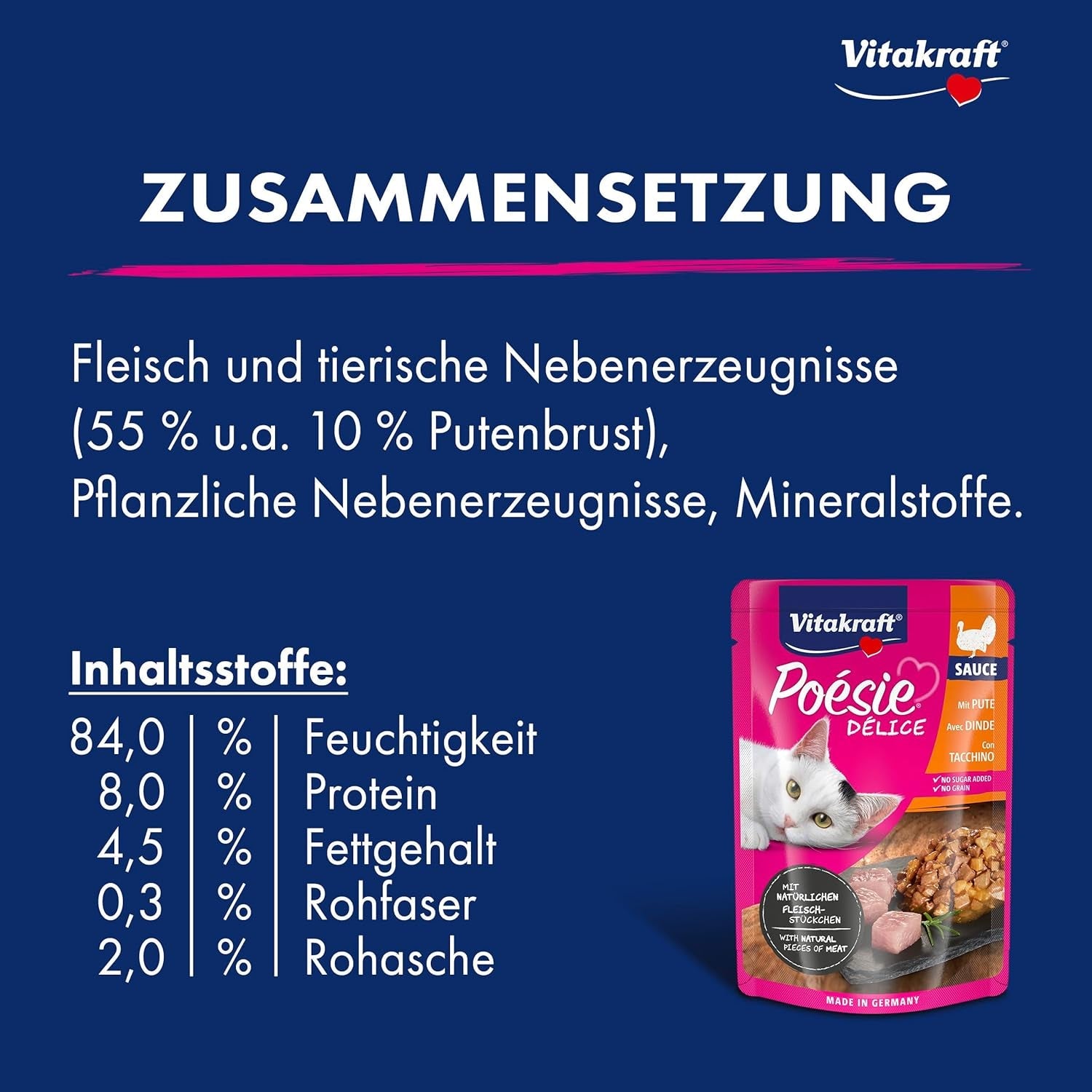 Vitakraft Poésie Délice, våt kattmat, kattmat i sås, med kalkon, bulkförpackning, utan tillsatt socker eller spannmål (23 x 85g)