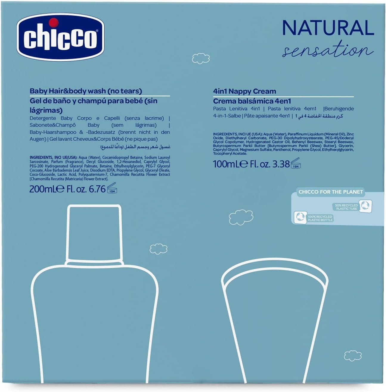 CHICCO NATURAL SENSATION - SET 2: 1 SCHAMPO OCH BAD - ICKE-TORKANDE 200 ML, 1 4IN1 CHANGE CREAM 100 ML Barn - Bad och hudvård Naty Shop