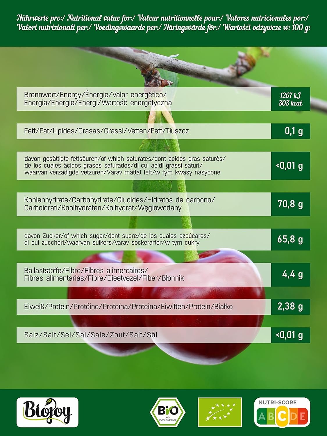 Biojoy torkade söta körsbär (500 g), urkärnade och svavelfria Torkade produkter Naty Shop