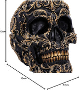 Renässansskalle, 19 cm, harts, svart och guld, guldbarockmönster, svart skalleprydnad, gotisk dekoration, gjuten i finaste syntetiska harts, handmålade av experter Statyetter och skulpturer Naty Shop