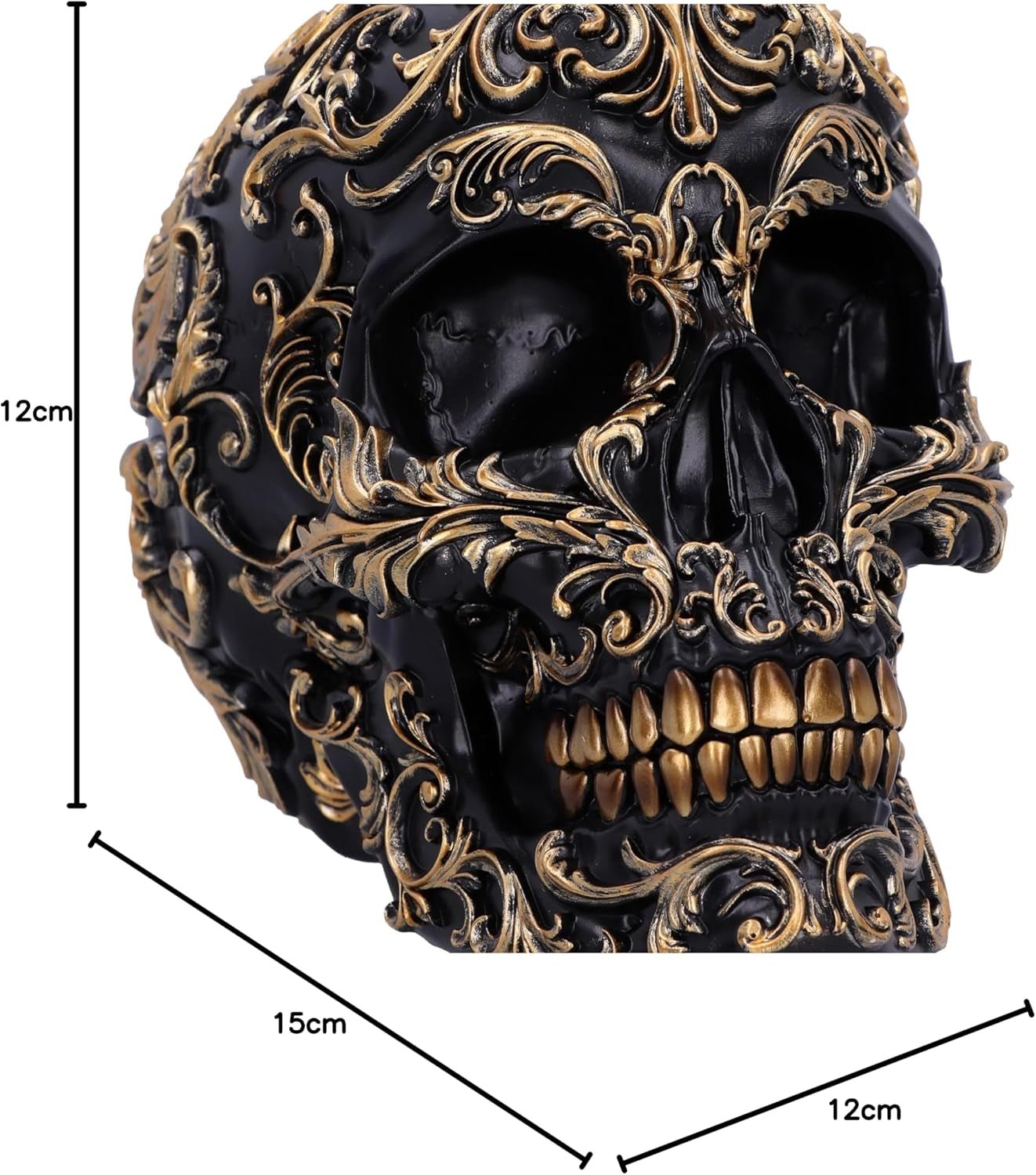 Renässansskalle, 19 cm, harts, svart och guld, guldbarockmönster, svart skalleprydnad, gotisk dekoration, gjuten i finaste syntetiska harts, handmålade av experter Statyetter och skulpturer Naty Shop