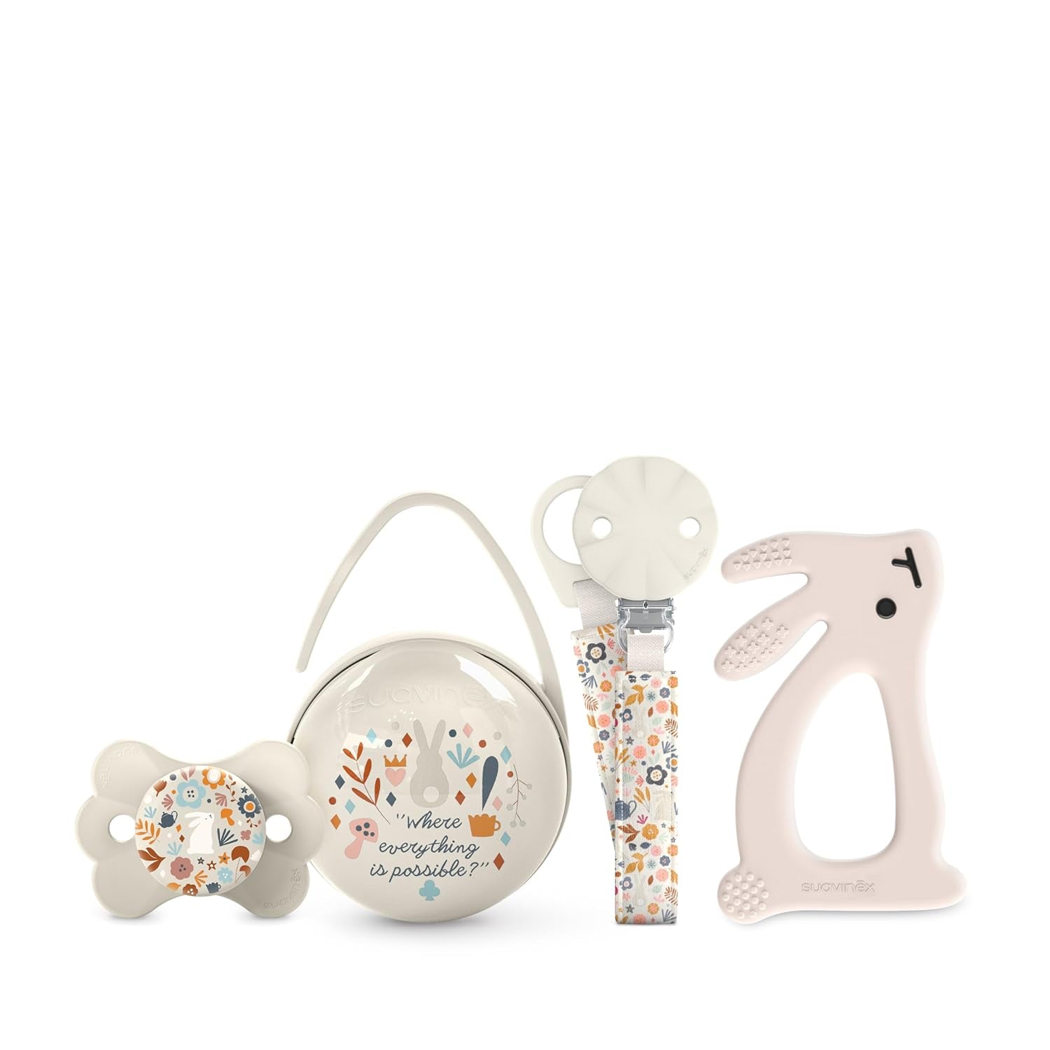Suavinex presentset för nyfödda. 4-delat set inklusive: Physiological SX Pro napp för bebisar 0-6 månader + napphållare + Duo nappskydd + silikon tandring. Underlandet, beige