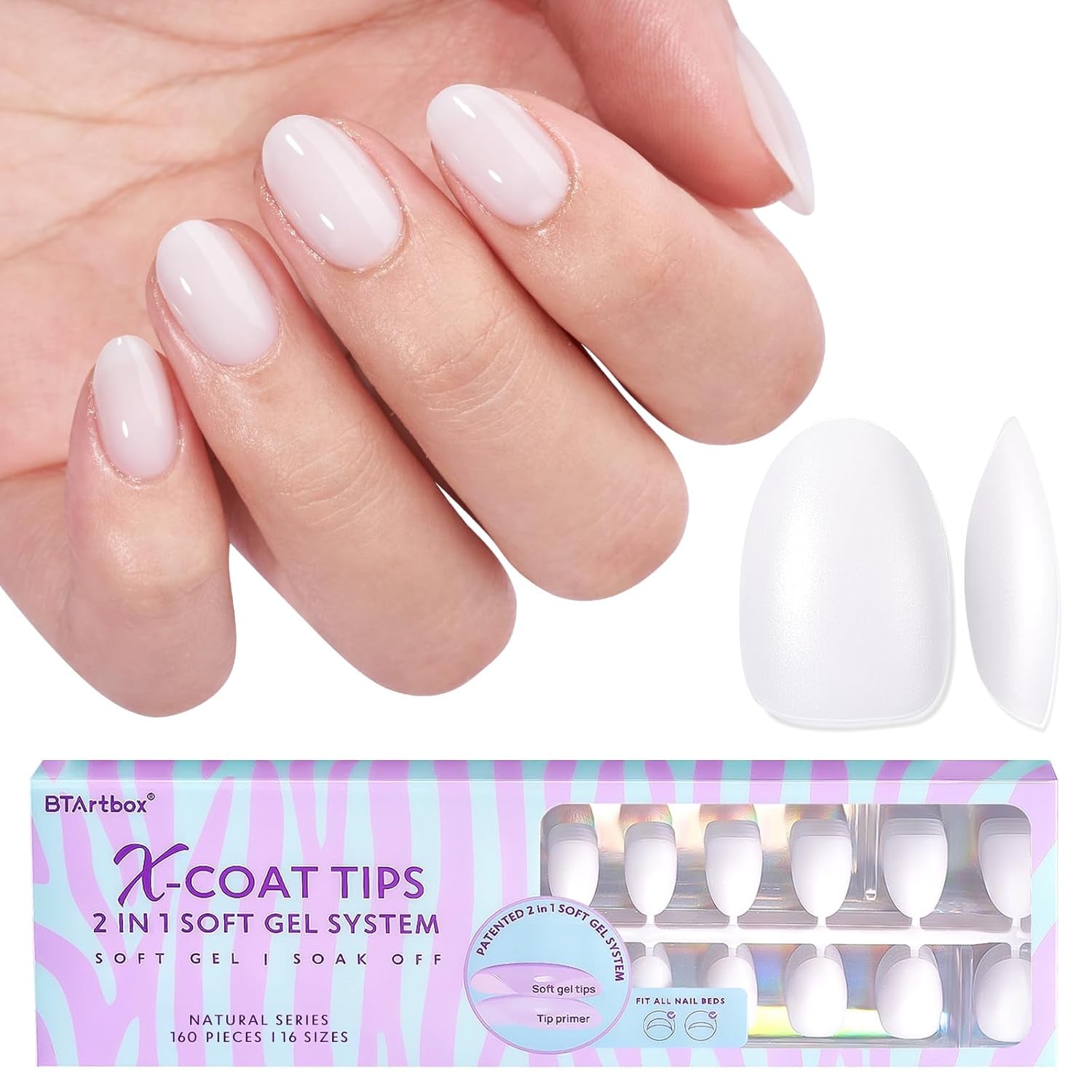 Btartbox Extra Korta Soft Gel Nails Heltäckande Mandel Korta Nagelspetsar 160 st Fördesignade XCOATTIPS konstgjorda naglar Mandel Korta nageltips för nagelförlängning