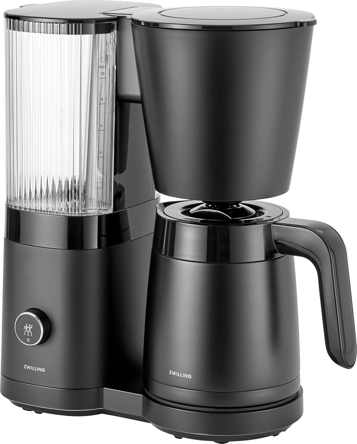 ZWILLING ENFINIGY Filter Espressomaskin med 1,5 liters glaskaraff, espressomaskin med rostfri stålpanna, blomningsfunktion och smart avkalkning, plast, silver