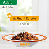 IAMS Delights våt kattmat med saftigt nötkött och gelémorötter - komplett våtfoder för vuxna katter, 24 påsar x 85 g