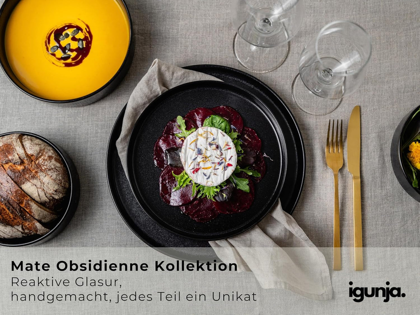 Svart servisskål och tallrik set i stengods [12 delar för 4 personer] 100 % handgjord svart servisset med reaktiv glasyr av högsta kvalitet