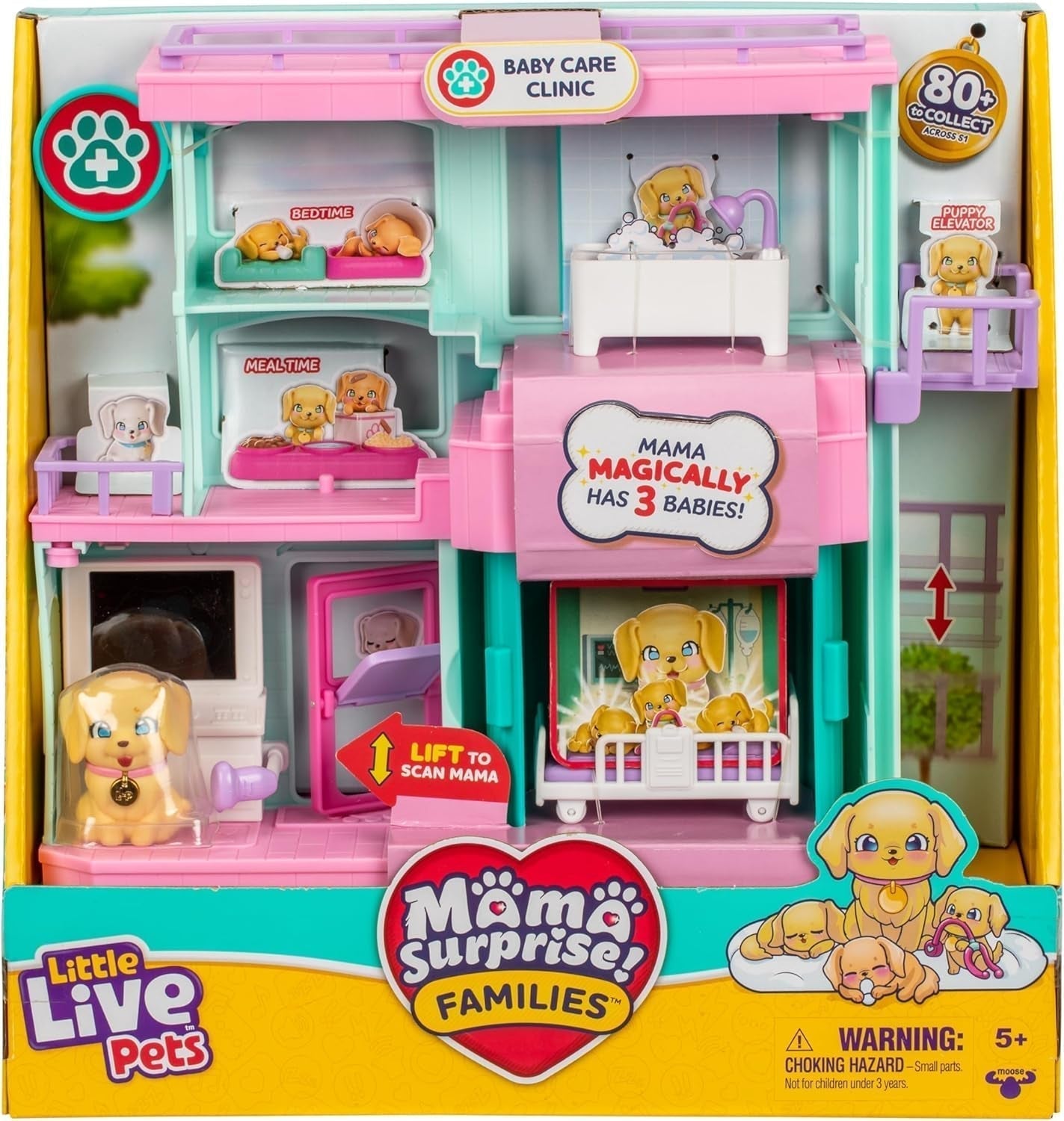 Little Live Pets Mama Surprise Families Baby Clinic lekset, 3 retrievervalpar ingår, Magic, dubbelsidigt lekset (27,8 cm B, 23,8 cm H). Mata, bada och leka Barngåva Actionfigurer Naty Shop Standardtitel