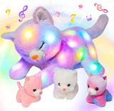 LED musikalisk plyschkatt, lätt sjungande leksak, kattmamma med 3 kattungar i magen, animerad vaggvisa, lugnande leksak för mödrar, barn, små flickor, regnbåge, 45 cm