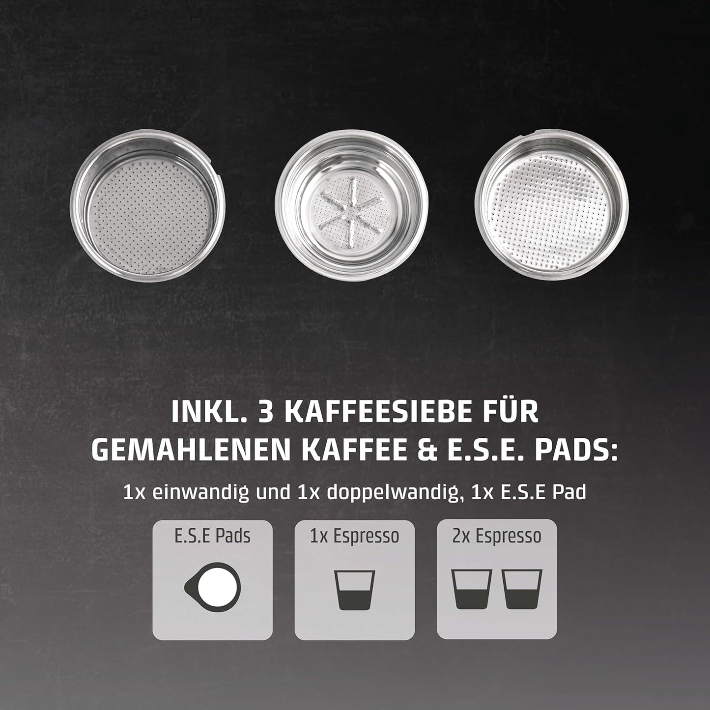 Caso Espresso Gourmet - Portafilter Espressomaskin i rostfritt stål, kraftfull 19 bars Ulka-pump, med mjölkskummare, för malet kaffe eller ESE-kaffekapslar, för 2 koppar, med koppvärmare