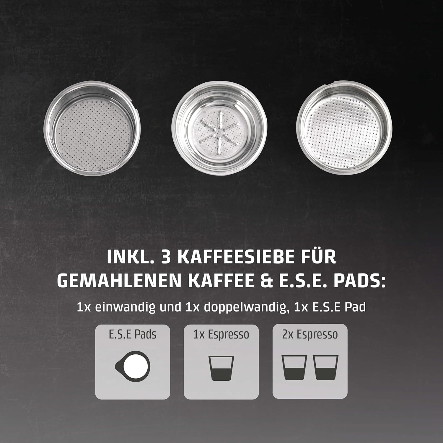 Caso Espresso Gourmet - Portafilter Espressomaskin i rostfritt stål, kraftfull 19 bars Ulka-pump, med mjölkskummare, för malet kaffe eller ESE-kaffekapslar, för 2 koppar, med koppvärmare
