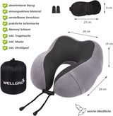 WELLGRO nackkuddsset med 3D-sömnmask och öronproppar - Avtagbart skydd - Memory Foam - Dragkedja - Inklusive förvaringsväska - Resekudde - Valbar färg, Färg: Grå Cervikala ortopediska kuddar Naty Shop