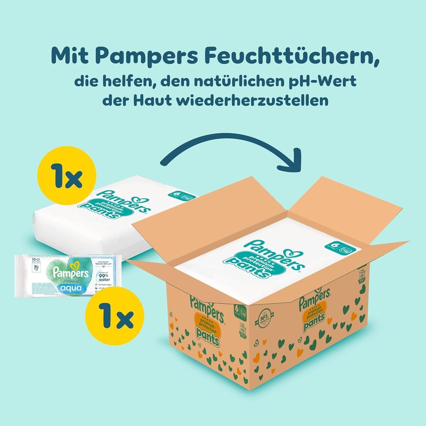 Pampers Premium Protection Pants Größe 6, 78 Windeln, 13kg-19kg, Mit 360° Fitform, 2x breiteren Bundchen als vorher för Komfort & Schutz + 10 Stück Pampers Aqua Baby-Weuchttücher enthalten