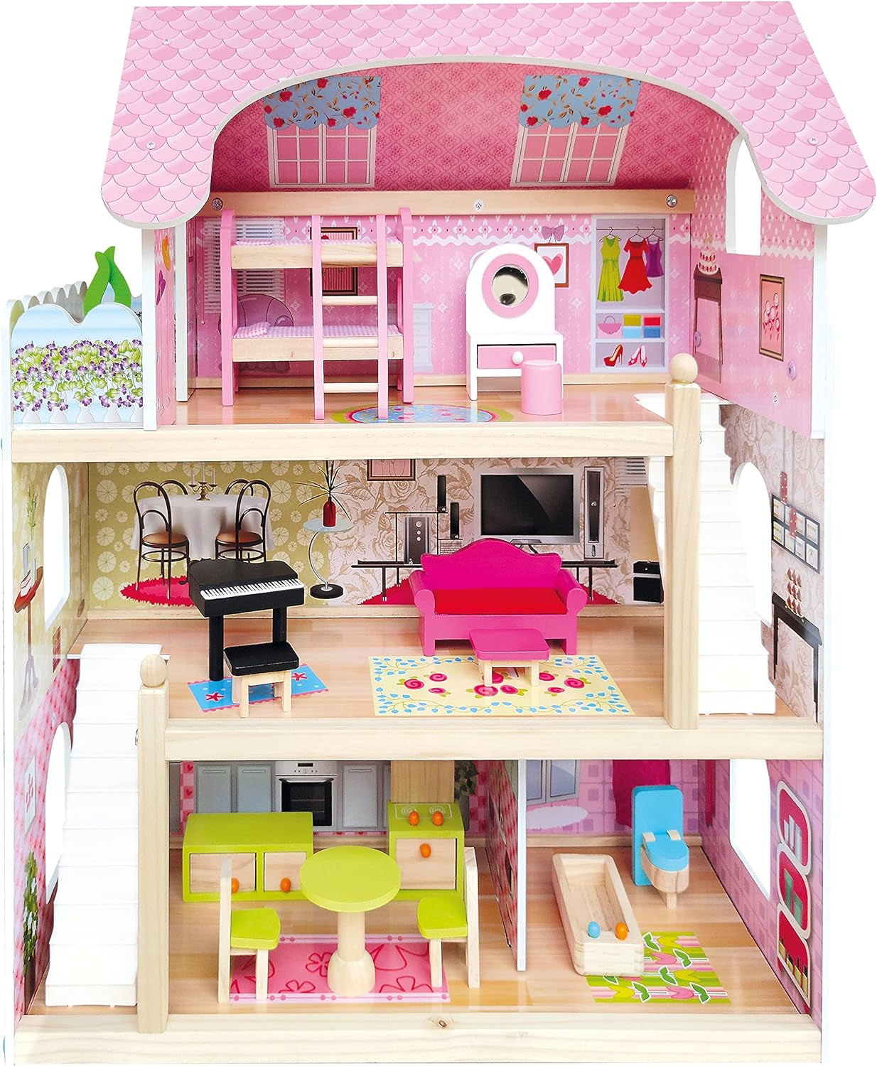Bino World of Toys Dockhus med balkong, Leksak för småbarn från 3 år, med 3 våningar, trappor, 4 rum och balkong inkl. 15-TLG. Tillbehör, För att främja barns färdigheter, Rosa design Dollhouses Naty Shop Standardtitel