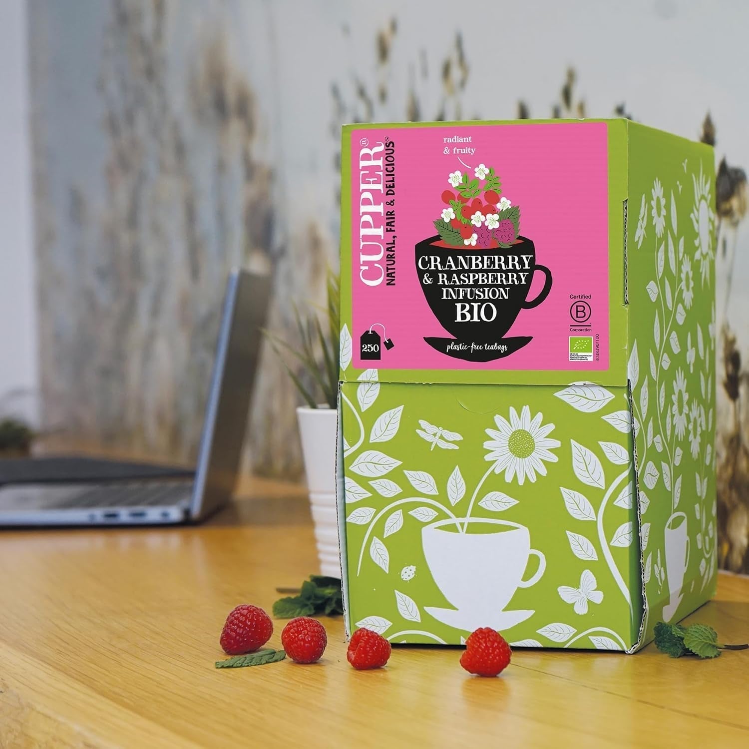 Cupper Ekologisk fruktte Tranbär Hallon | Hallon te | 250 oblekta tepåsar | Big Pack | Perfekt för kontoret | Ekologisk | Rättvis handel