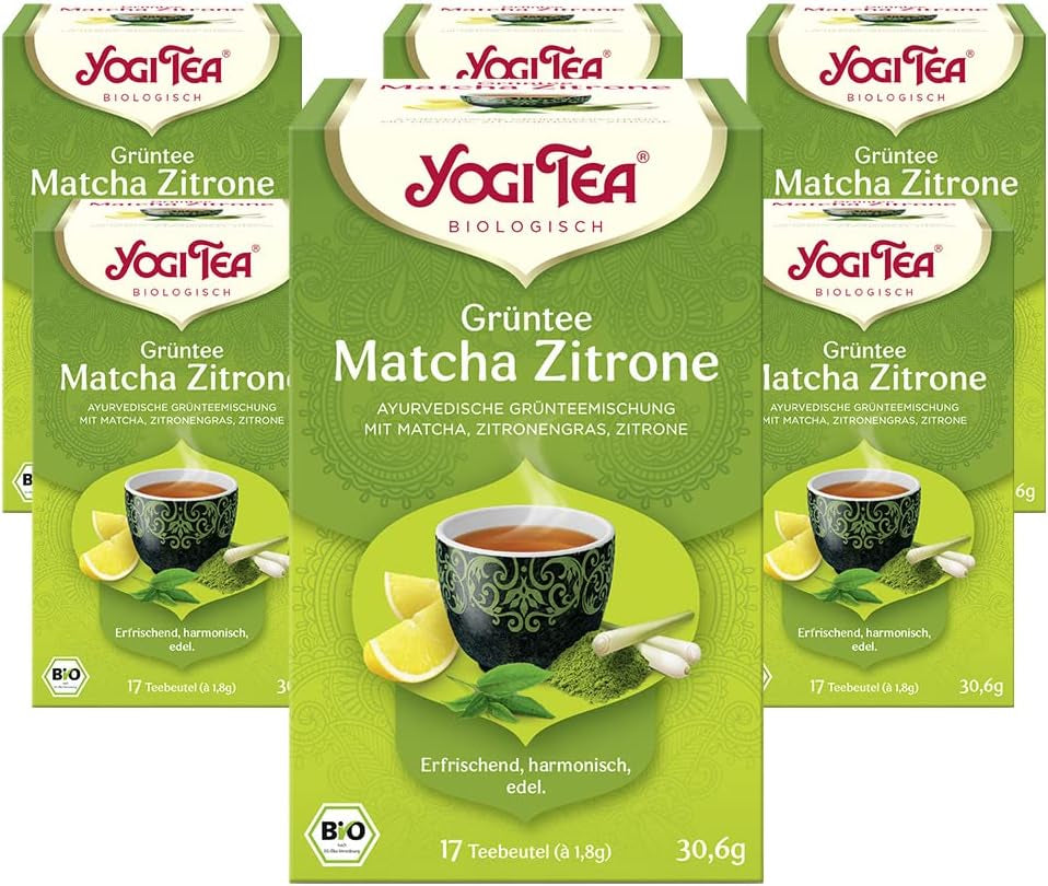 Yogi-te - Matcha grönt te med citron, ekologiskt ayurvediskt grönt te, grönt te, Matcha, citrongräs och lime, Yogi-te 6-pack, 6x17 tepåsar (totalt 102 tepåsar)