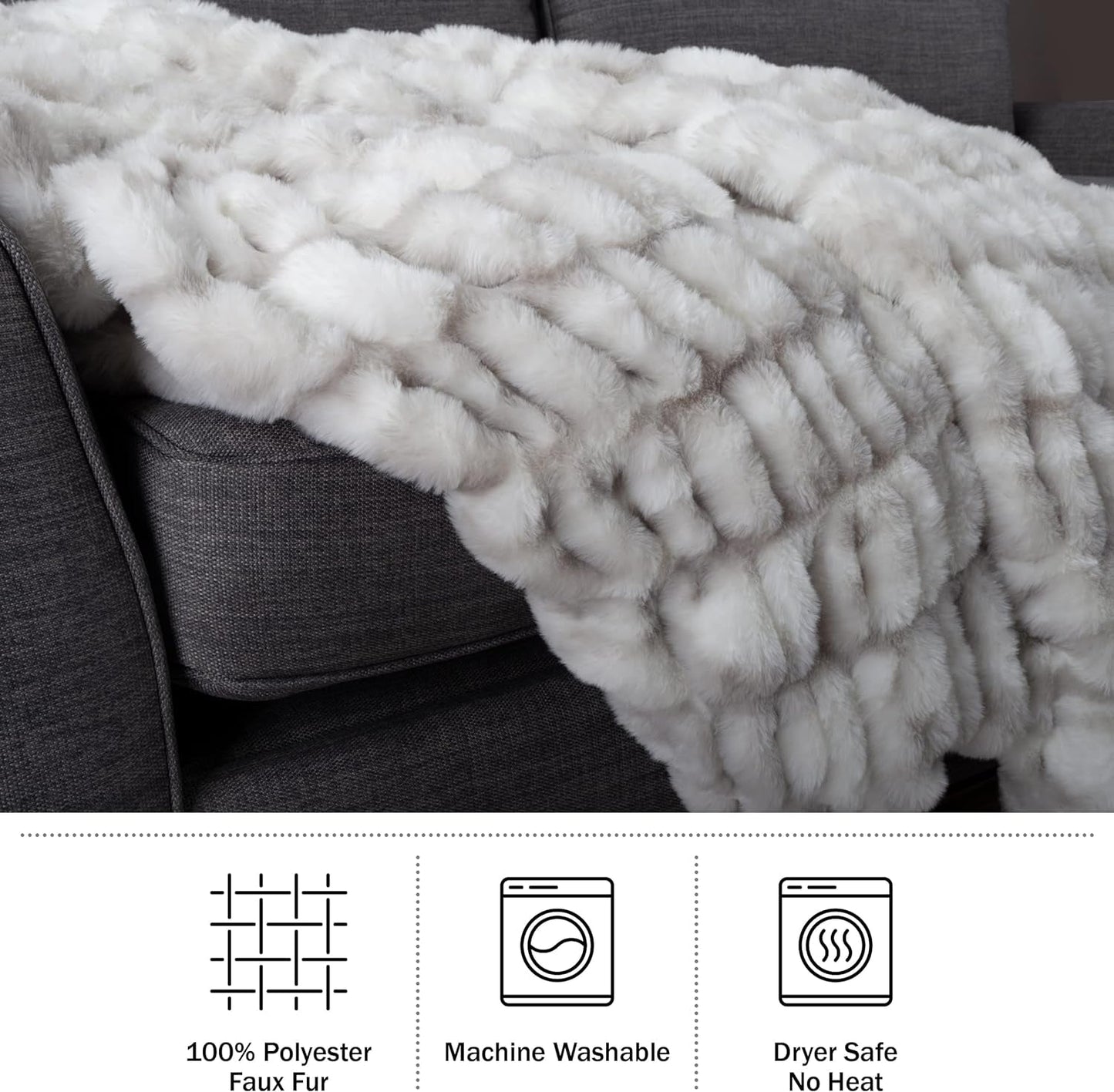 Lavish Home Oversized Gerüschte fuskpälsfilt, 152,4 X 203,2 cm, jacquard fuskpäls, queen size-säng för sängar och soffor, grå sängar och filtar Lavish Home