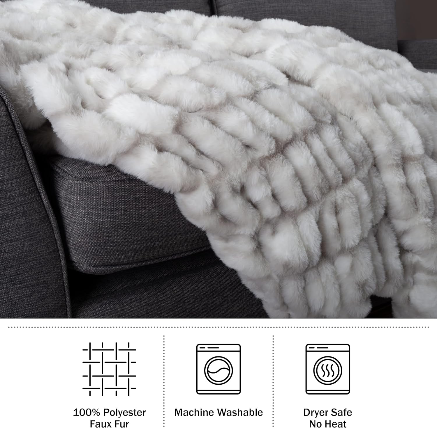 Lavish Home Oversized Gerüschte fuskpälsfilt, 152,4 X 203,2 cm, jacquard fuskpäls, queen size-säng för sängar och soffor, grå sängar och filtar Lavish Home