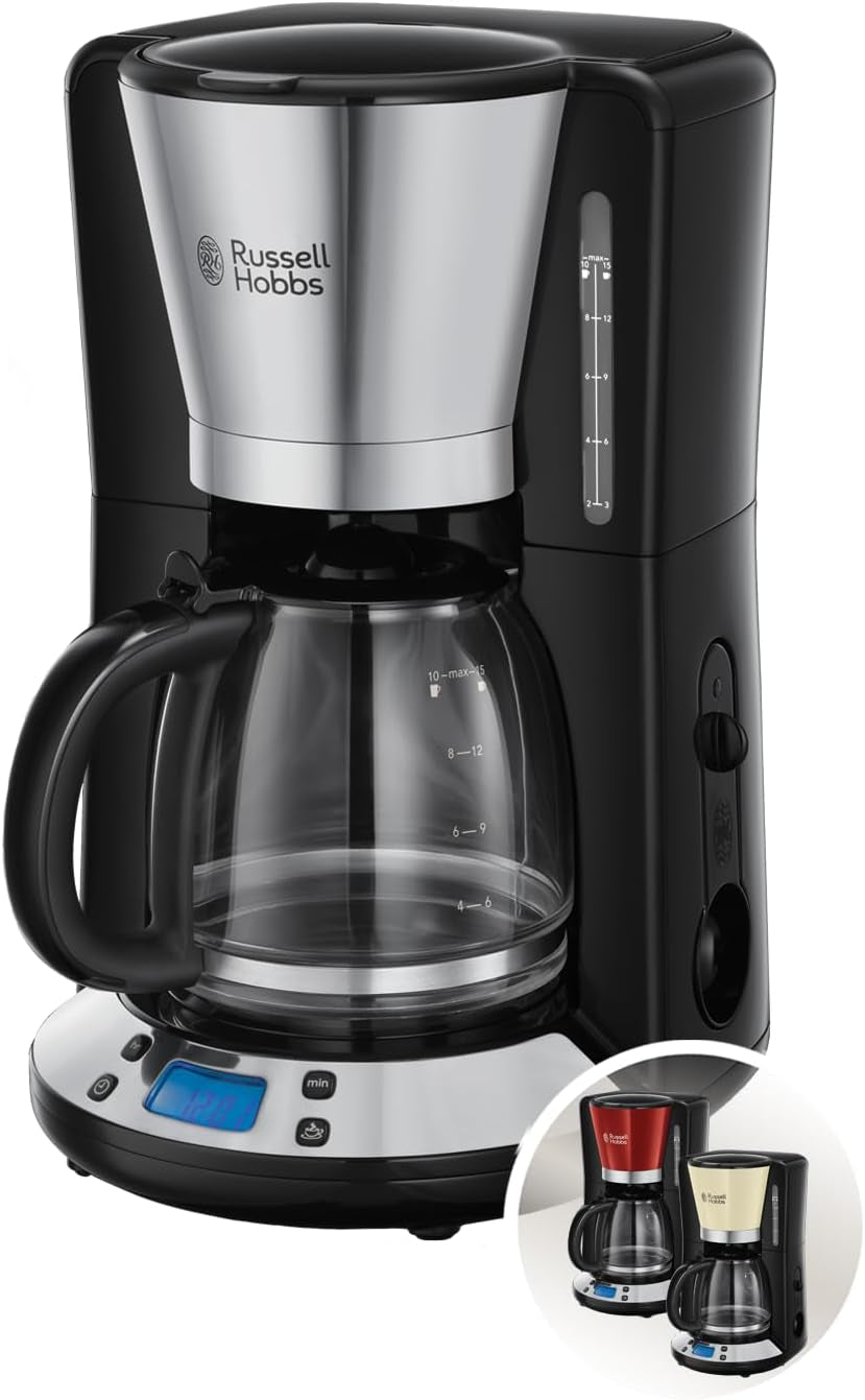 Russell Hobbs kaffebryggare [Digital timer, duschhuvud för optimal extraktion och arom] Färger+ Kräm (1 till 10 koppar, 1,25 L glaskaraff, värmeplatta, 1100W) Filterkaffebryggare 24033-56