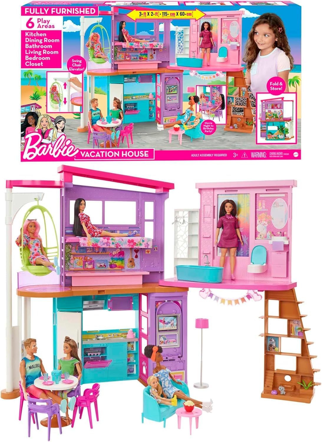Barbie Holiday House (116 x 77,9 cm), 6-sits lekstuga, fullt möblerad med tillbehör, möbler och hiss, hopfällbar och förvaring, docka, present för barn från 3 år och uppåt, HCD50