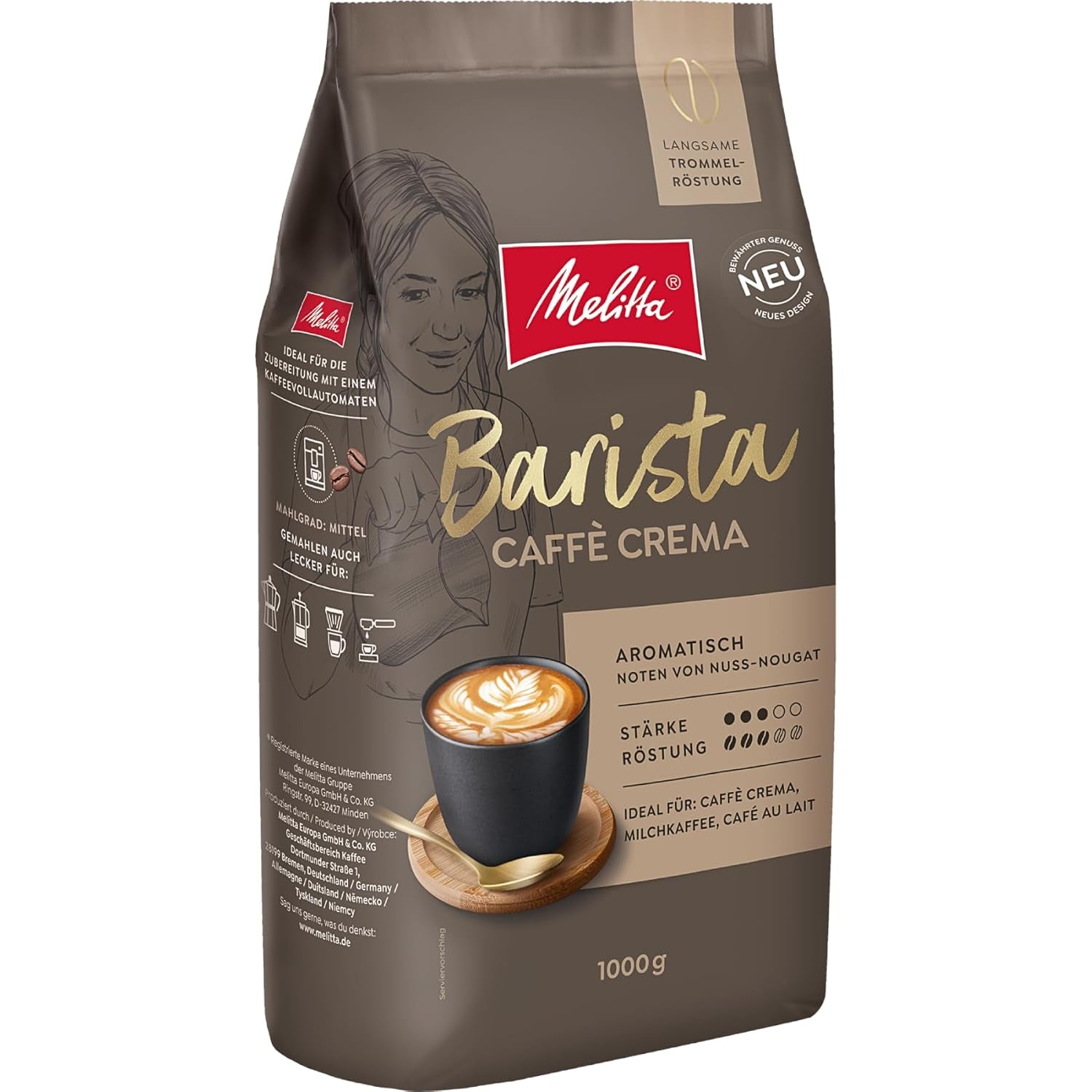 Melitta Barista Classic Crema, Hela Kaffebönor 1kg, Ungemahlen, Kaffeebohnen für Kaffee-Vollautomat, medium Röstung, Stärke 3, Verpackung kan varieran