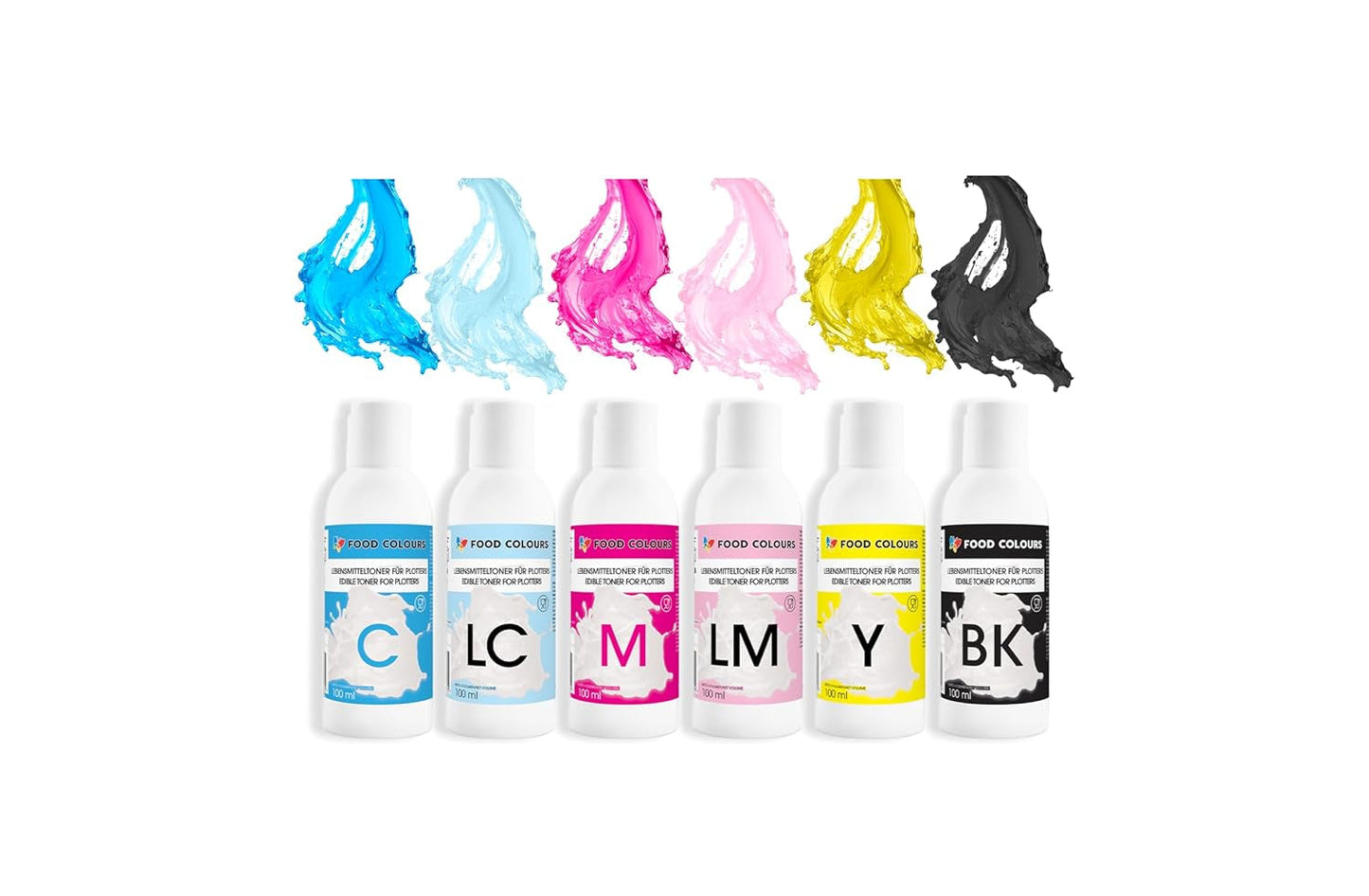 Matfärgningsset med ätbart bläck för plottrar 6 x 100 ml | Ljuscyan | Cyan | Ljus magenta | | Magenta | Gul | Svart | Ätbart tryck, waferpapperstryck, dekorativ tårtoppning