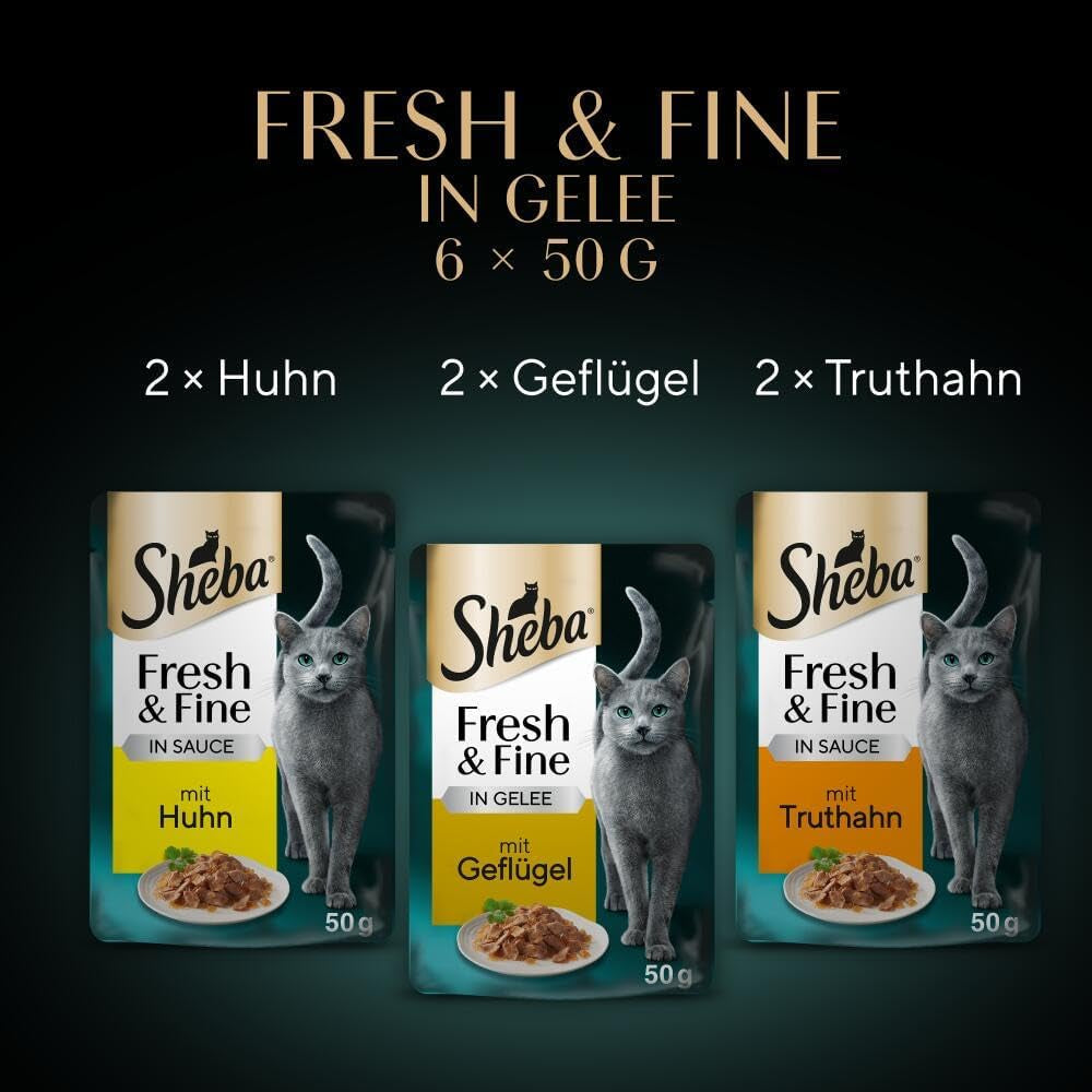 Sheba portionspåsar våtmat för katter, färsk & fin kalkon- och kycklinggelé Multipack, 6x6x50 g - högkvalitativ kalkon- och kycklinggelékattmat