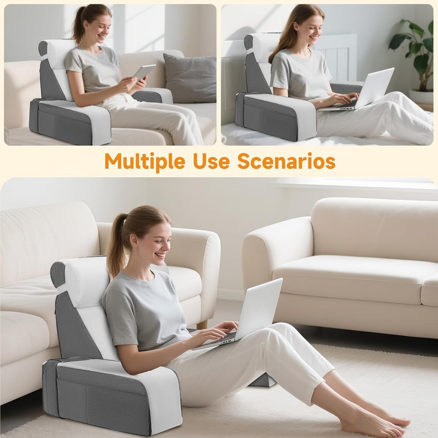 Stor läskudde med avtagbart nackstöd och armstöd, ryggkudde till sängen, ergonomisk ryggkudde med arm, ficka och tvättbart överdrag för läsning och tv-tittande.