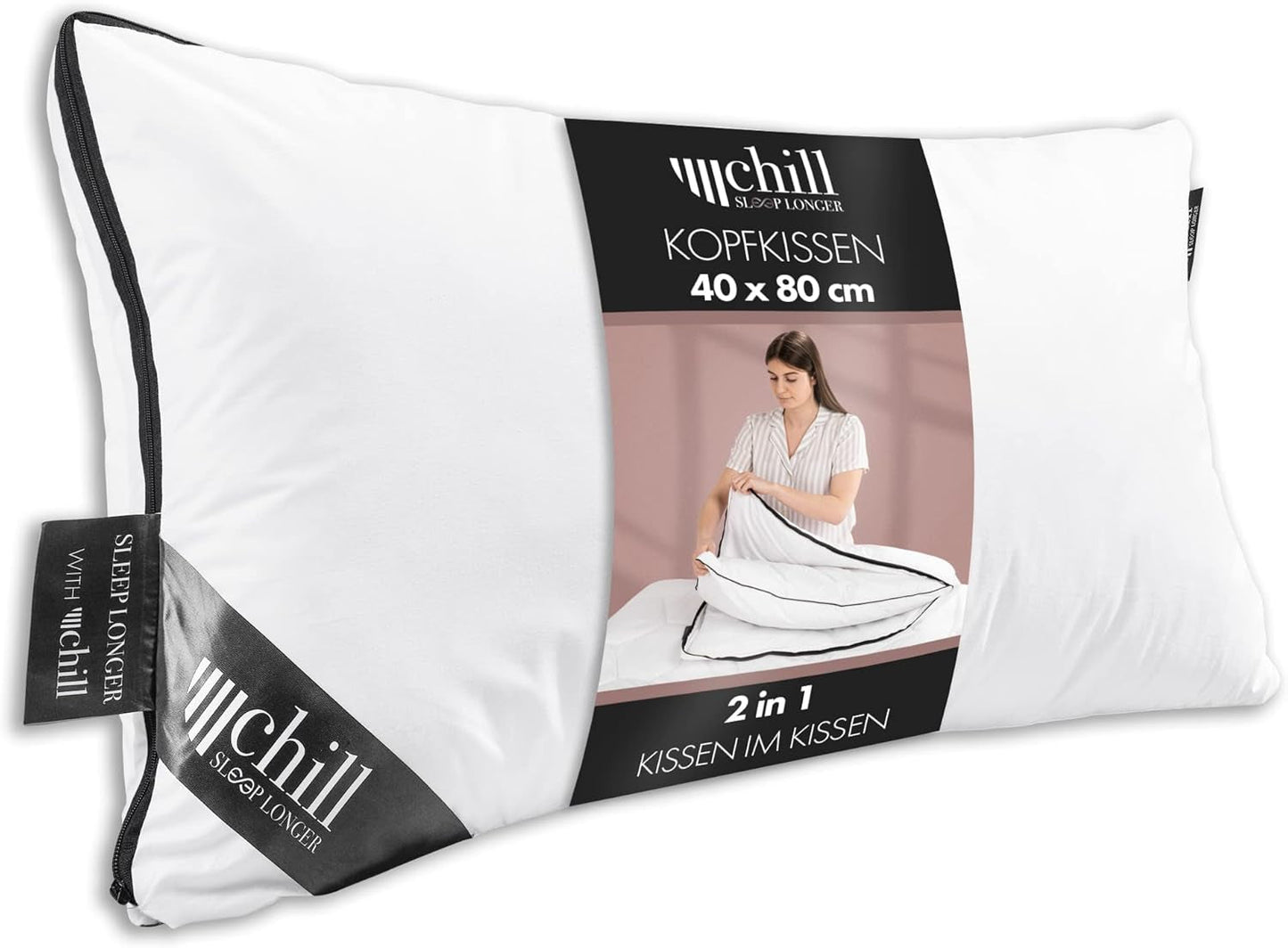 Kudde 80X80 Cm - 2 i 1 design - kudde i kudde - andas och tvättbar stor sovkudde och 100% vegansk - 2 kuddar 3 alternativ - kudde med 600G & 1200G fyllning Naty Shop standardkuddar Premium kudde 40 X 80 Cm