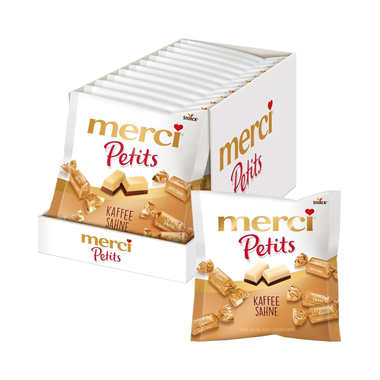 Merci Petits kaffegrädde - 12 x 125 g - Små vita chokladpraliner på fin choklad med kaffegrädde - individuellt inslagna chokladpraliner