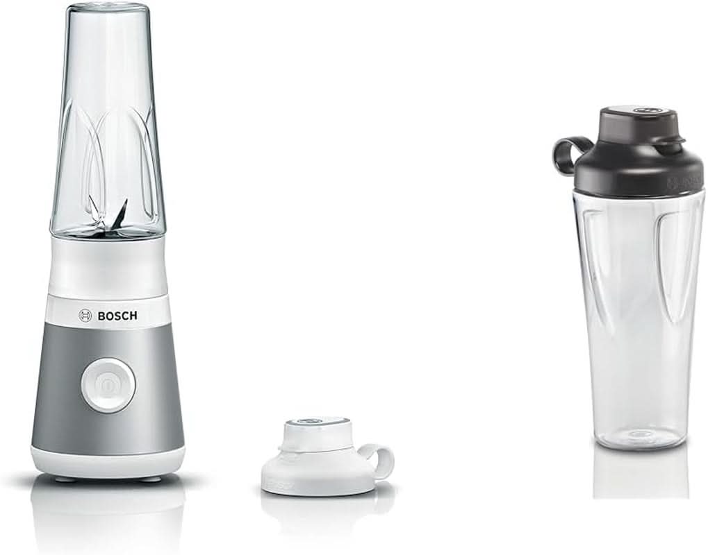 Bosch Mini-Standmixer Vitapower Serie 2 MMB2111S, Highspeed-Mixer, Bis Zu 40 000 Rpm, Tritan Togo-Flasche 0,6 L, Trinkdeckel, Bruchsicher, Spülmasch.Geeignete Teile, 450W, Silber/Schwarz Mit Kitchen Silber/Schwarz Kök Naty Shop Weiß