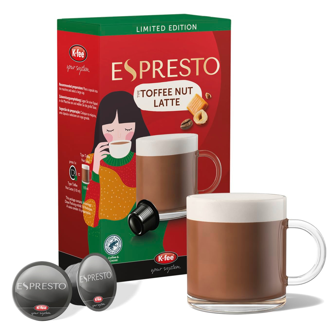 ESPRESTO Toffee Nut Latte, kompatibel med K-fee & ALDI EXPRESSI*, smaksatt mjölkkaffe, RFA-certifierad, 96 kapslar