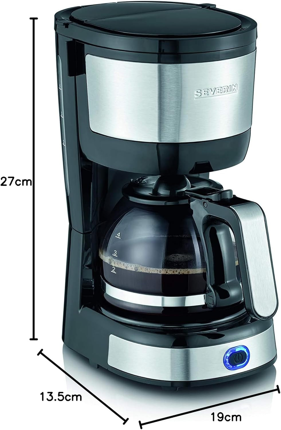 SEVERIN kompakt espressomaskin, aromatiskt kaffe med kaffemaskin för upp till 4 koppar, espressomaskin med filter och permanent oscillerande filter, rostfritt stål/svart, KA 4808