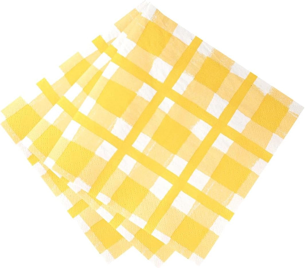 Talbord 20 X gula Gingham engångsservetter av återvunnet papperspapper för utomhussommarpicknick och middagar, miljövänliga för födelsedagsfester, påsk, bröllop, BBQs, 3 lager 33 cm