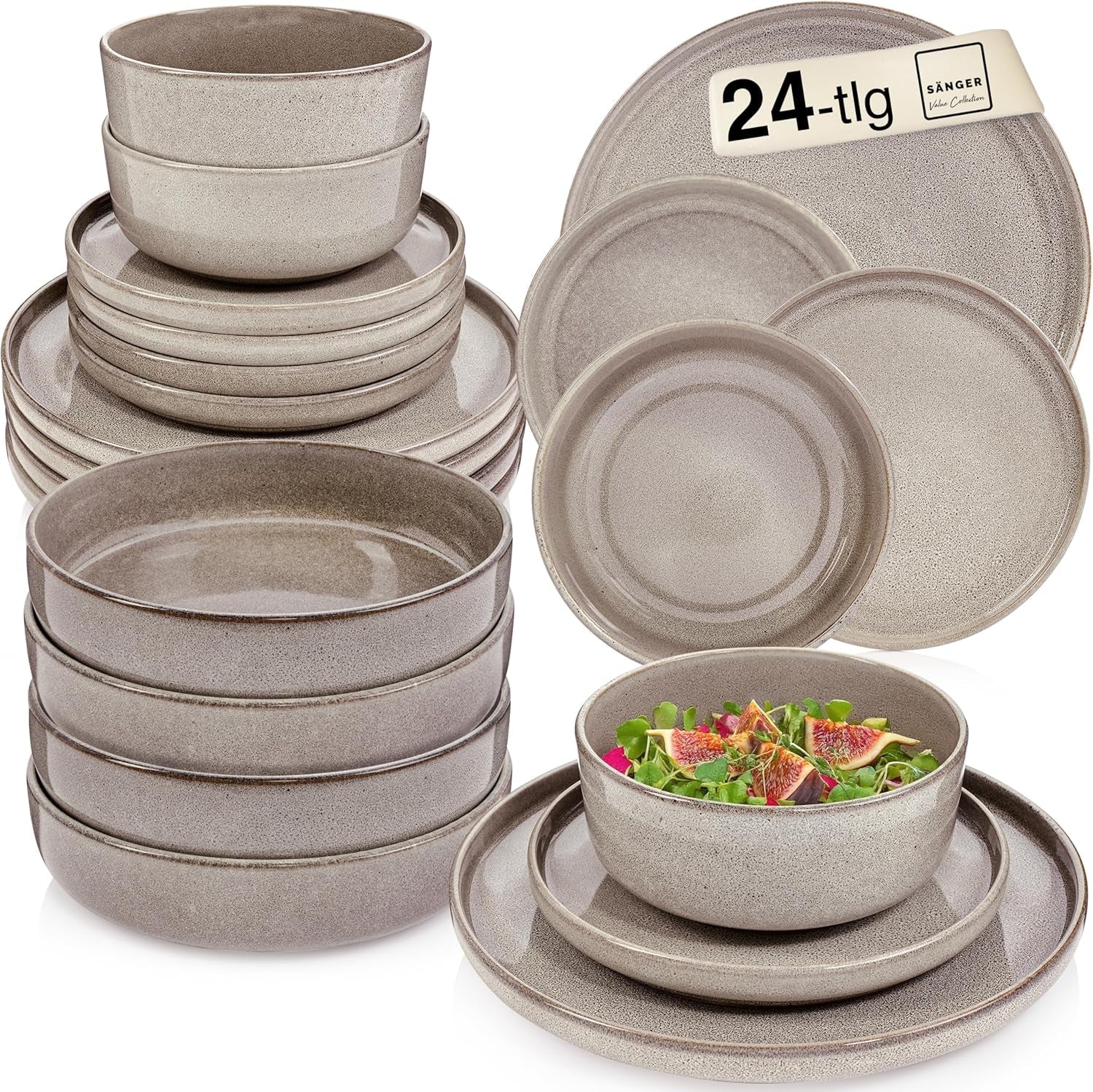 SÄNGER Cairo Clay | 24 delars servisset, servisset i stengods för 6, 6 tallrikar, 6 desserttallrikar, 6 pastaskålar, 6 serveringsskålar, grå servisset | VÄRDESAMLING