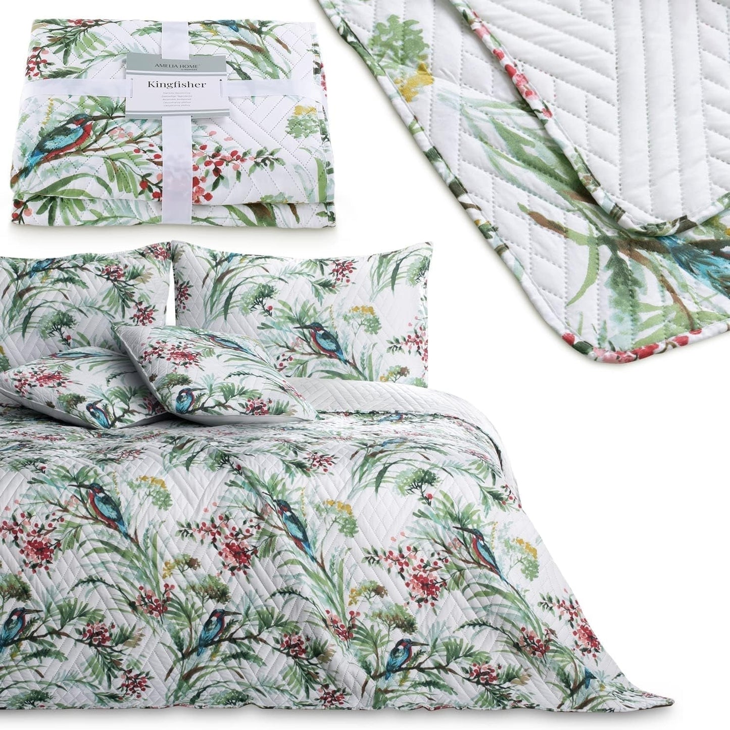 Ameliahome Överkast Överkast 260X280 Cm Dubbelsidig Lättskött Quiltväxtmönster Fågelmönster Flerfärgad Kingfisher Sängar och filtar Besuche den AmeliaHome-Store