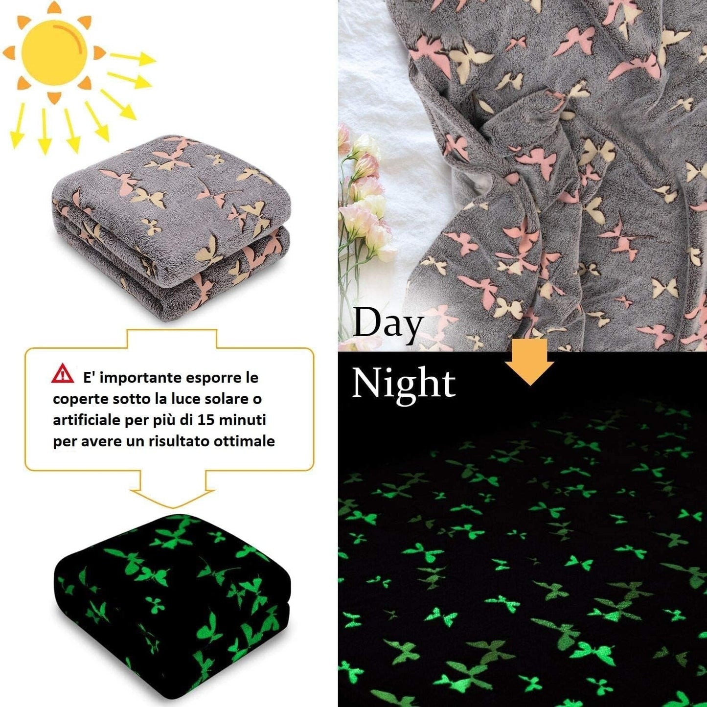 Kanguru Glow Överkast Glow in the Dark Filt Fjärilsfilt Mjuk filt 130X150Cm Lysande Soffa Överkast. Glow in the Dark barnfilt, grå sängar och filtar Besuche den Kanguru-Store