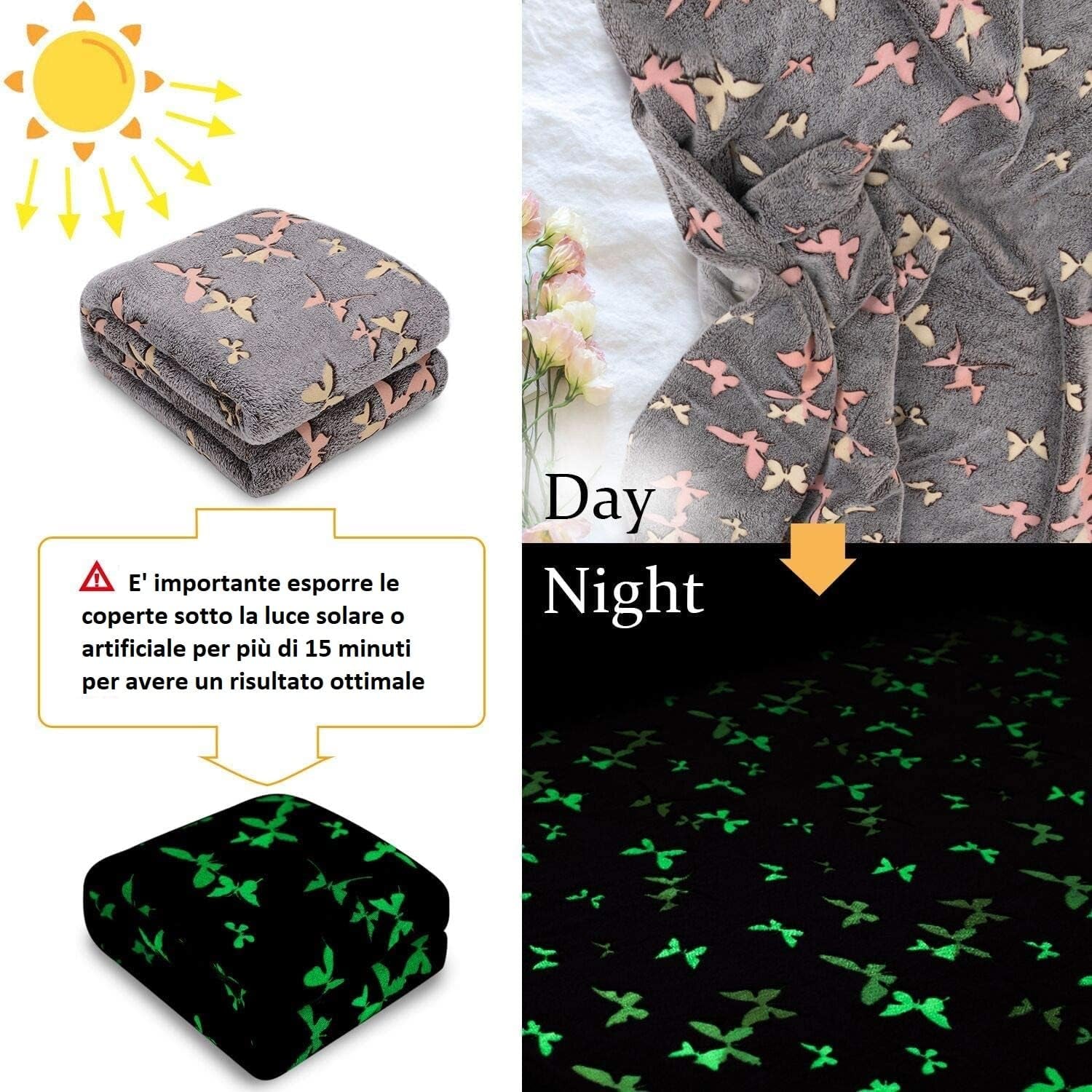 Kanguru Glow Överkast Glow in the Dark Filt Fjärilsfilt Mjuk filt 130X150Cm Lysande Soffa Överkast. Glow in the Dark barnfilt, grå sängar och filtar Besuche den Kanguru-Store