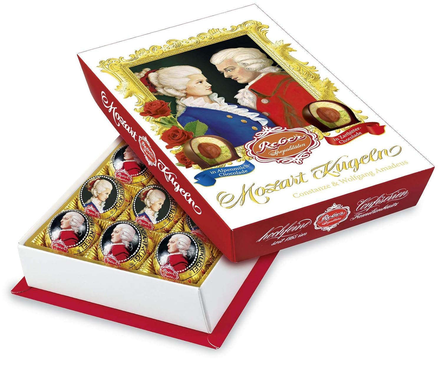 Reber Mozartkulor med mörk choklad, 6-pack med marsipan och nougat, vegansk - 1 x 120 g
