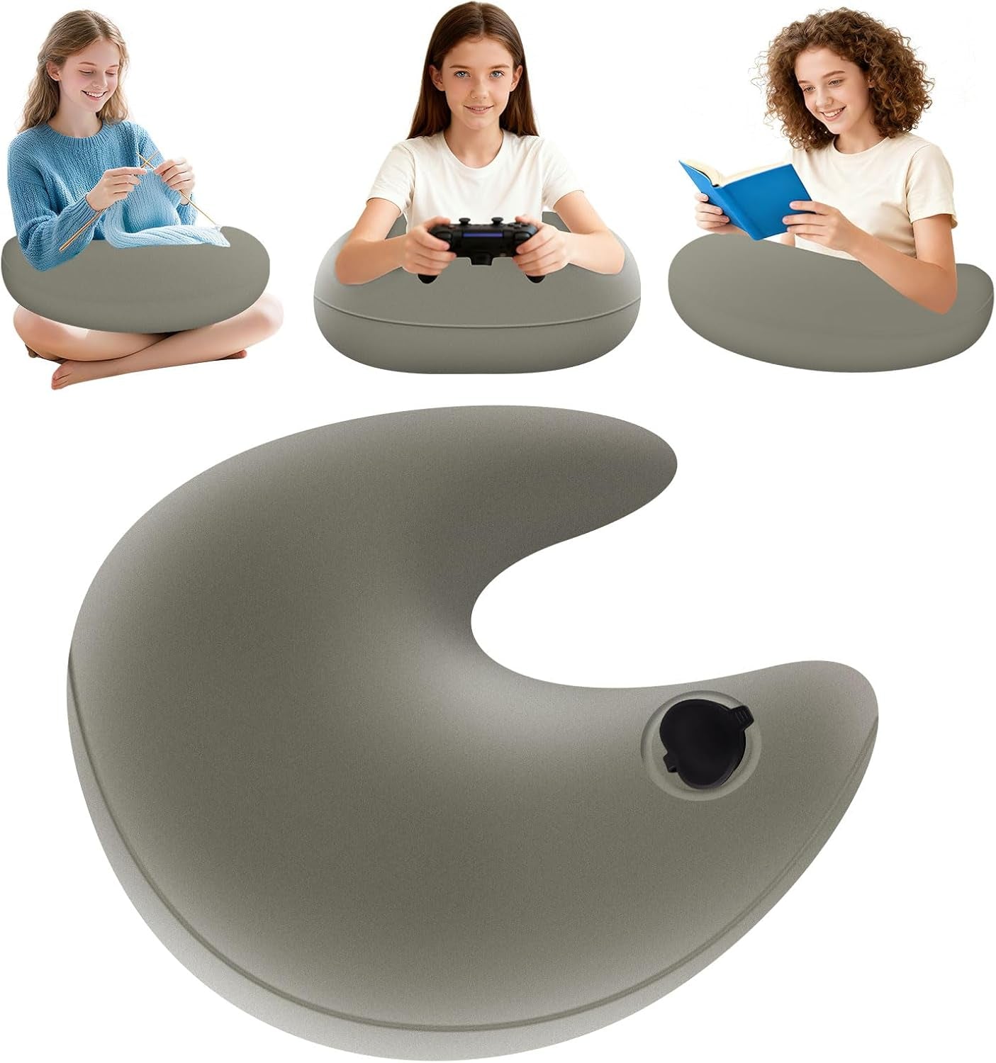 Läskudde och spelkudde, bärbar uppblåsbar läskudde med förvaringsväska, ergonomisk virkad kudde för läsning, lek, virkning och arbete