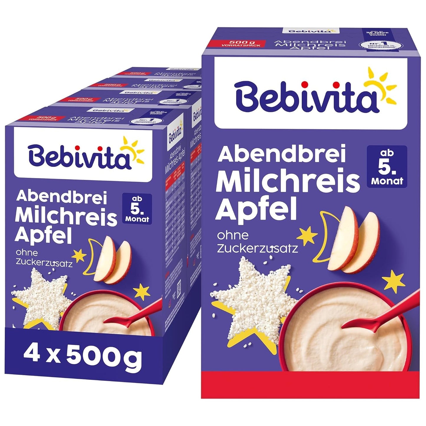 Risgrynsgröt med äpplen och kvällsgröt (4x500g), mjölkgröt från 5 månader, med värdefulla mineraler och vitaminer, inget tillsatt socker, mycket mättande