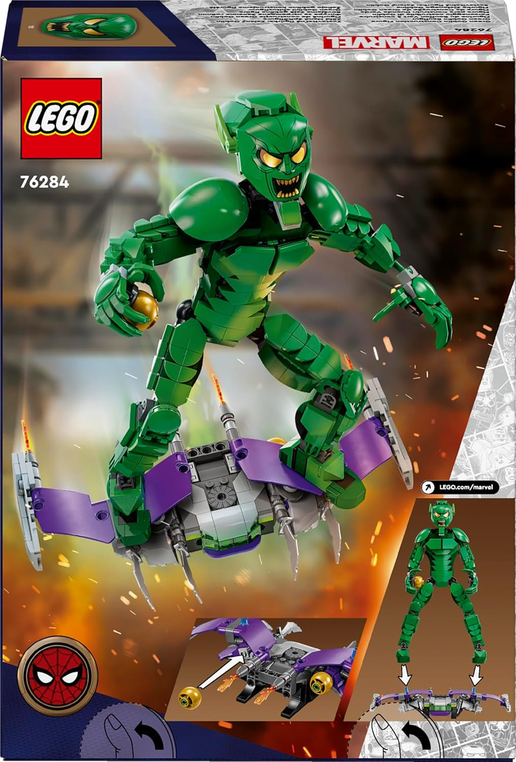 LEGO Marvel Green Goblin Byggfigur, Superskurk rörlig byggleksak för barn 8+, pojkar och flickor, Spider-Man Universe Set med reglage och pumpabomber, Superhjältepresentidé 76284 Byggset Besuche den LEGO-Store