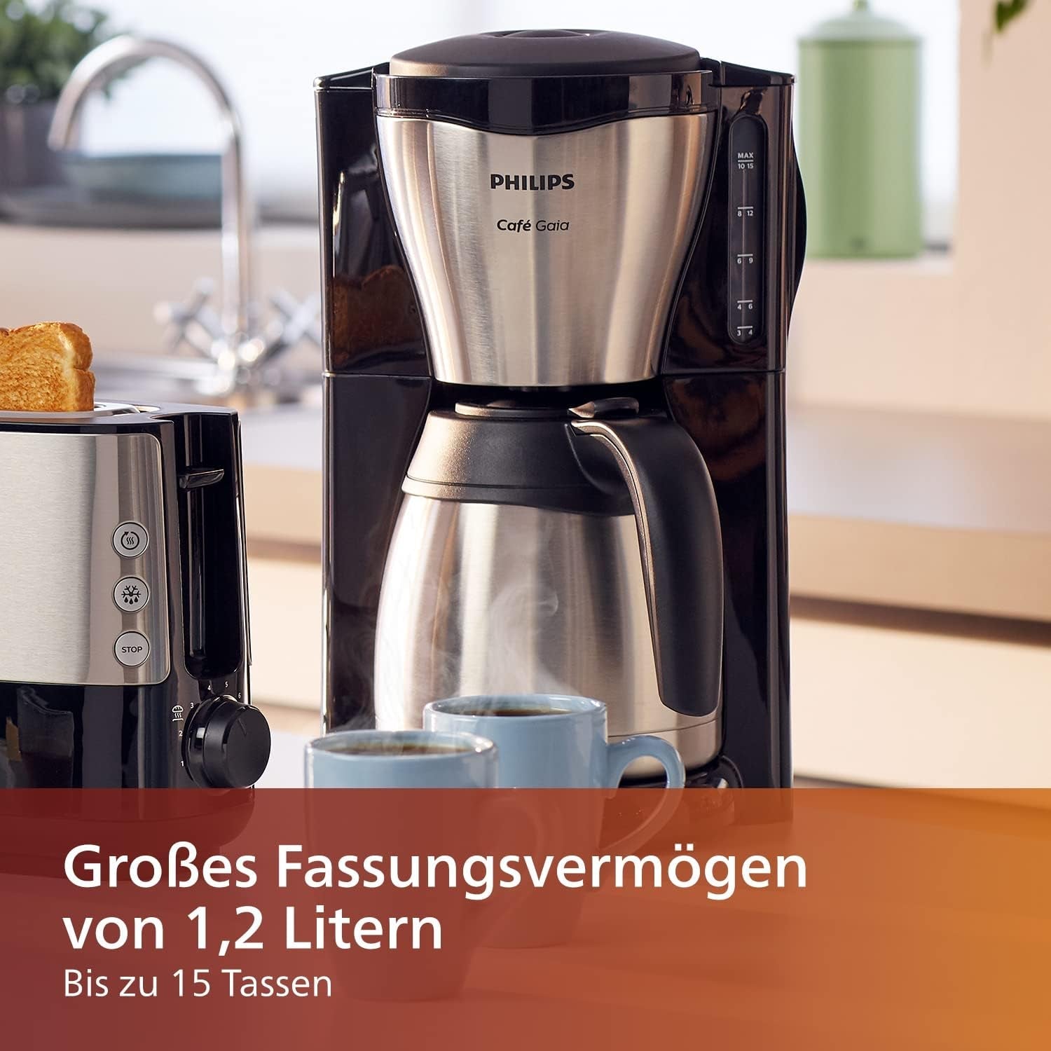 PHILIPS Café Gaia Filter Espressomaskin - Termokanna i rostfritt stål, Anti-droppsystem, Intensiv arom, Auto-Off, 1300ml, Svart (HD7546/20)