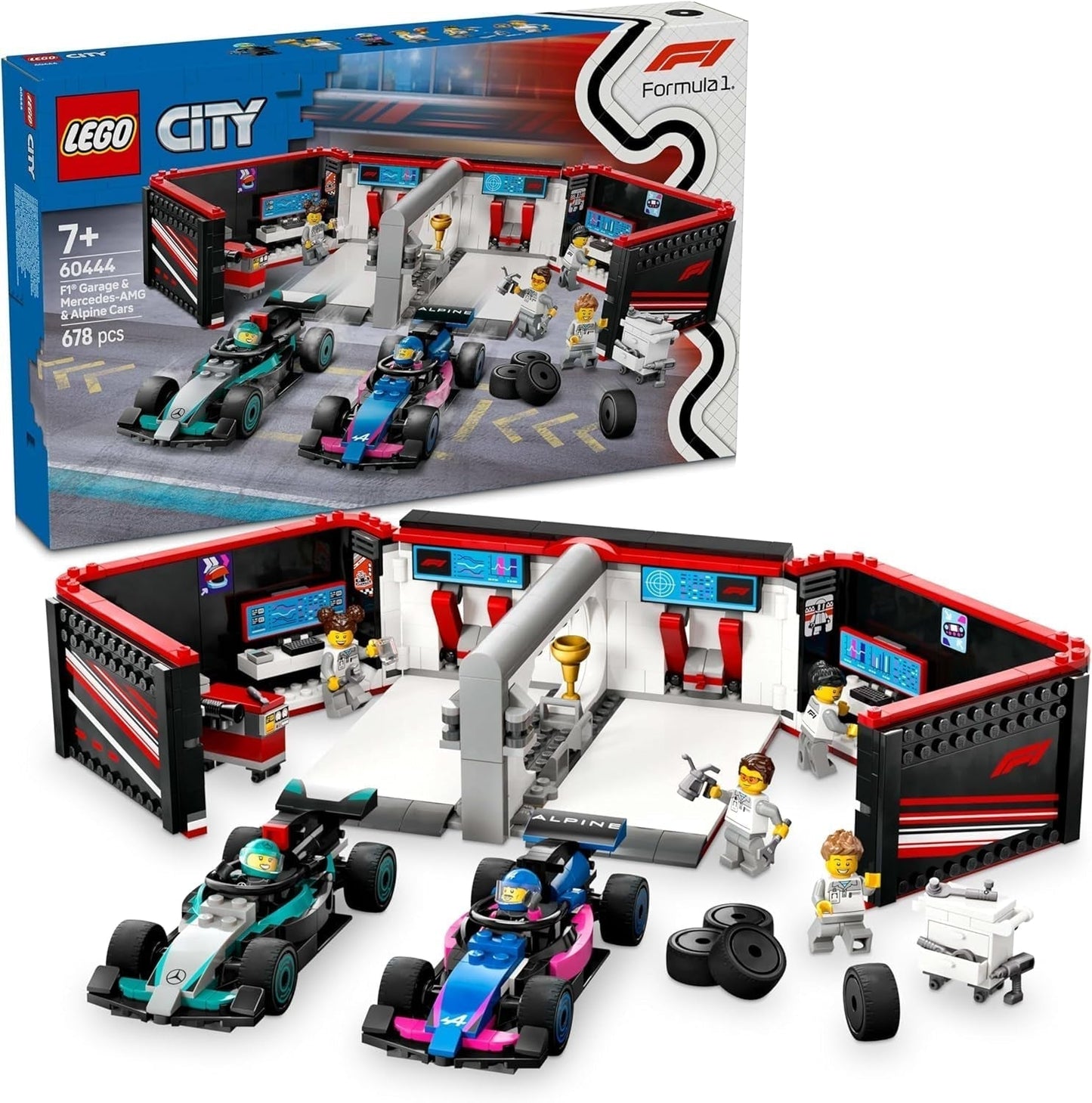 LEGO City F1 Garage med Mercedes-Amg och alpina racerbilar - Formel 1 racerbil med 2 förare och 4 mekaniska minifigurer - Present för pojkar och flickor 7+ och fans 60444 Byggset Beuche den LEGO-Store Standardtitel
