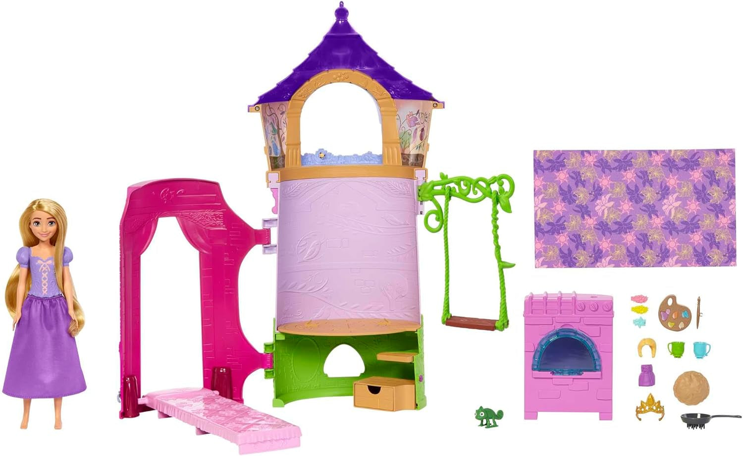 Disney Princess HMV99 - Rörlig Rapunzel docka och lektorn med kul överallt, 6 lekområden och 15 tillbehör, Inspirerad av Disney-filmen, Leksaker för 3 år gamla dockor Naty Shop Dolls Rapunzel's Tower