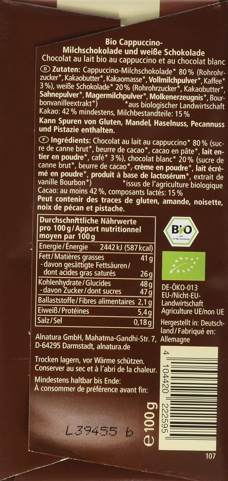 Ekologisk choklad fylld med cappuccino, 100g