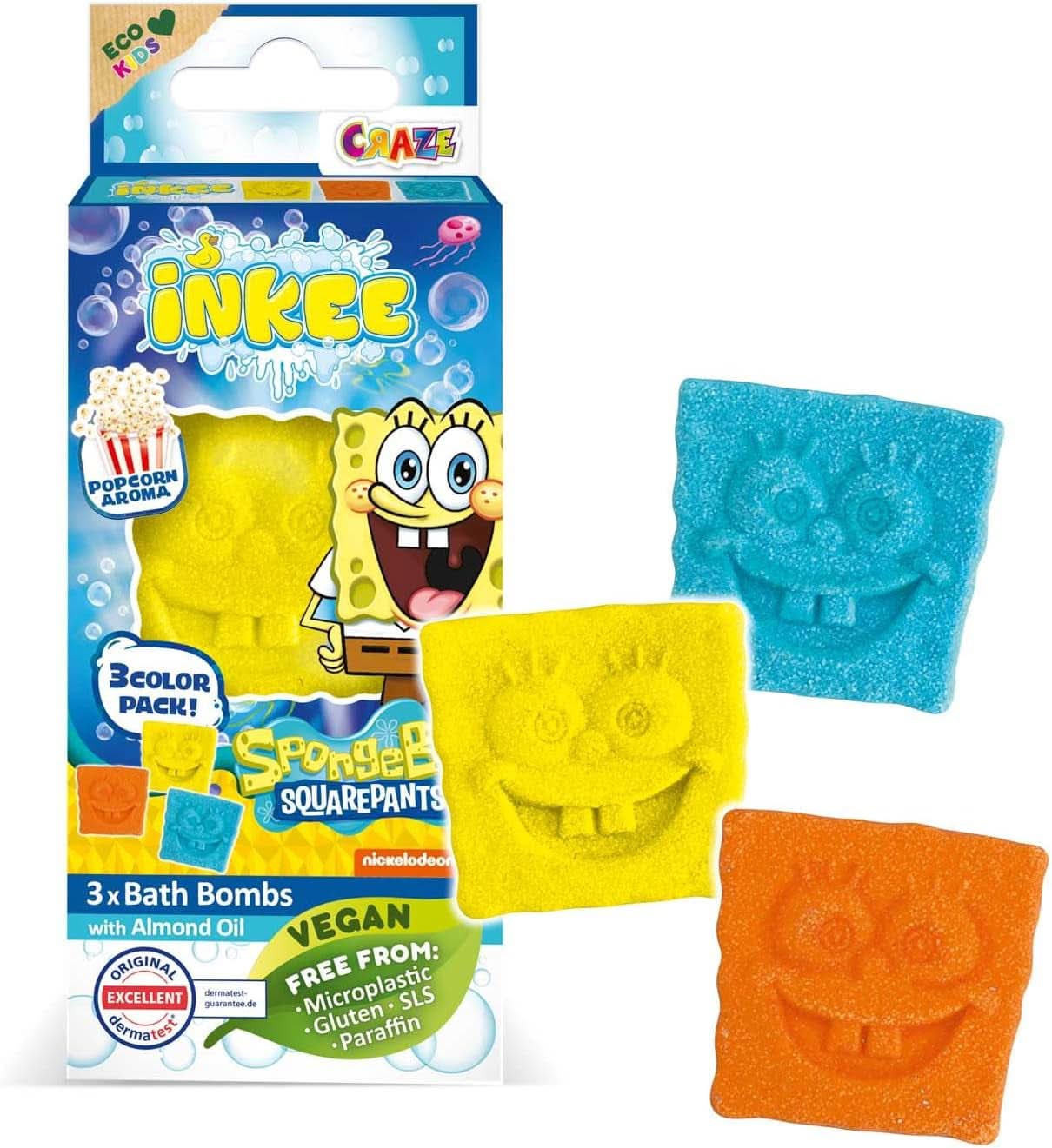INKEE Spongebob Surprise Kids Bath Bomb Svampbob Fyrkant Samlarobjekt 80 gram Naty Shop Set med 3 Spongebob Bath Bombs